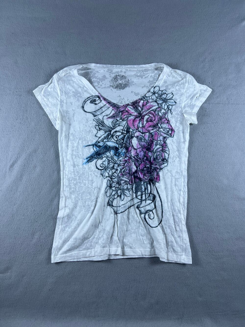 Stranded T-Shirt Womens XL White V Neck Floral Burnout Graphic Y2K Grunge Top